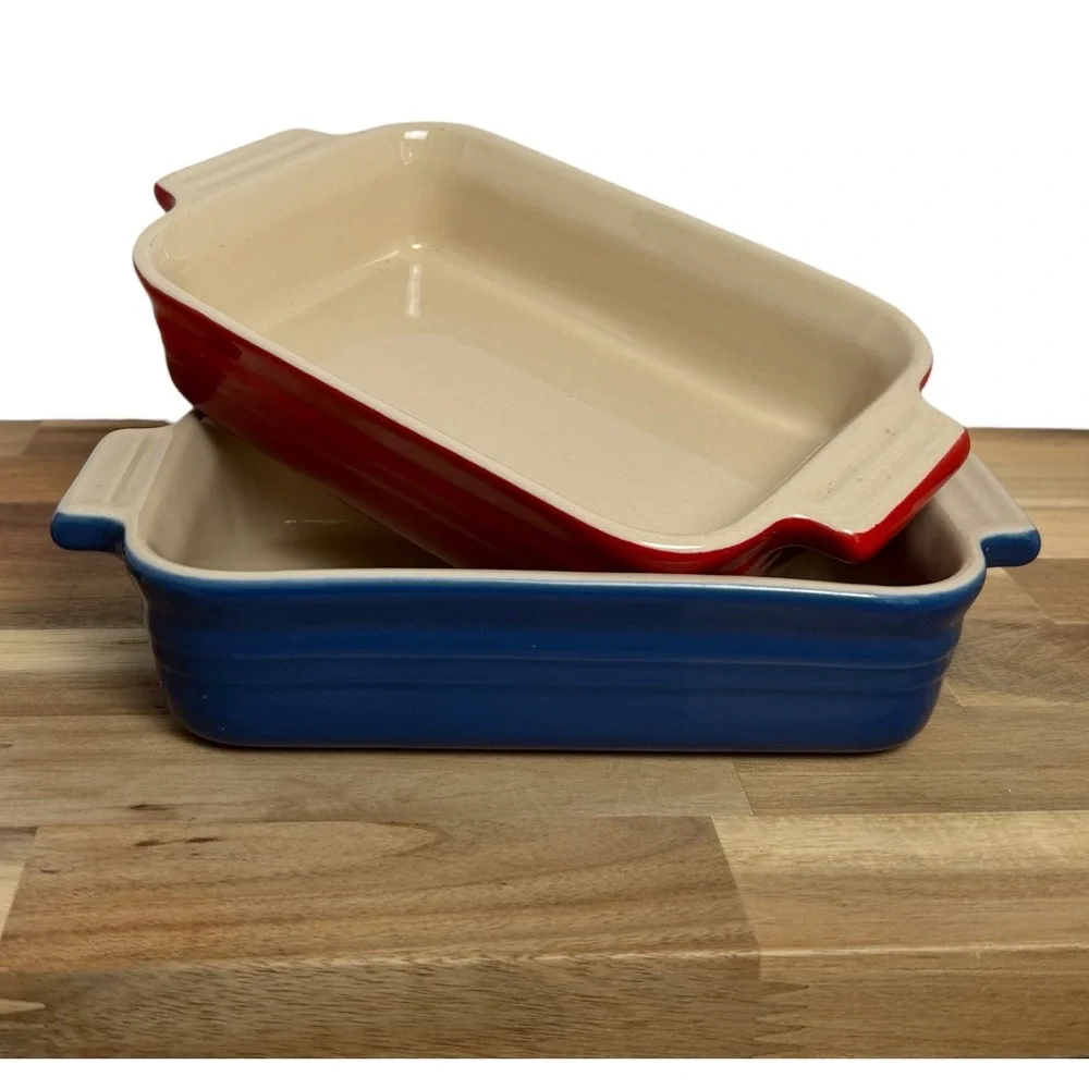 Le Creuset 1 Qt Mini Rectangular Baking Dishes 7x5 Stoneware Red Blue Set of 2